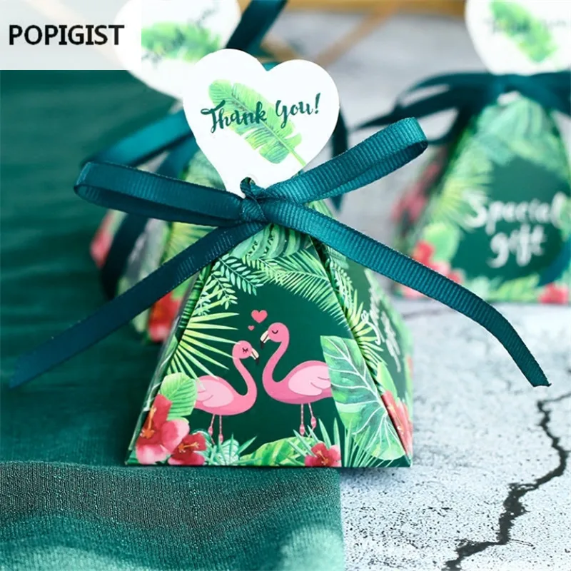 Floral Green Flamingo Triangular Pyramid Wedding Favors Candy Boxes Bridal Shower Party Gift Box Bomboniera Giveaways Box