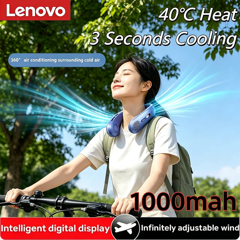 Lenovo 2027 10000mAh USB Rechargeable Mute Hanging Neck Fan Air Cooling Bladeless Portable LED Digital Display Electric Cooler