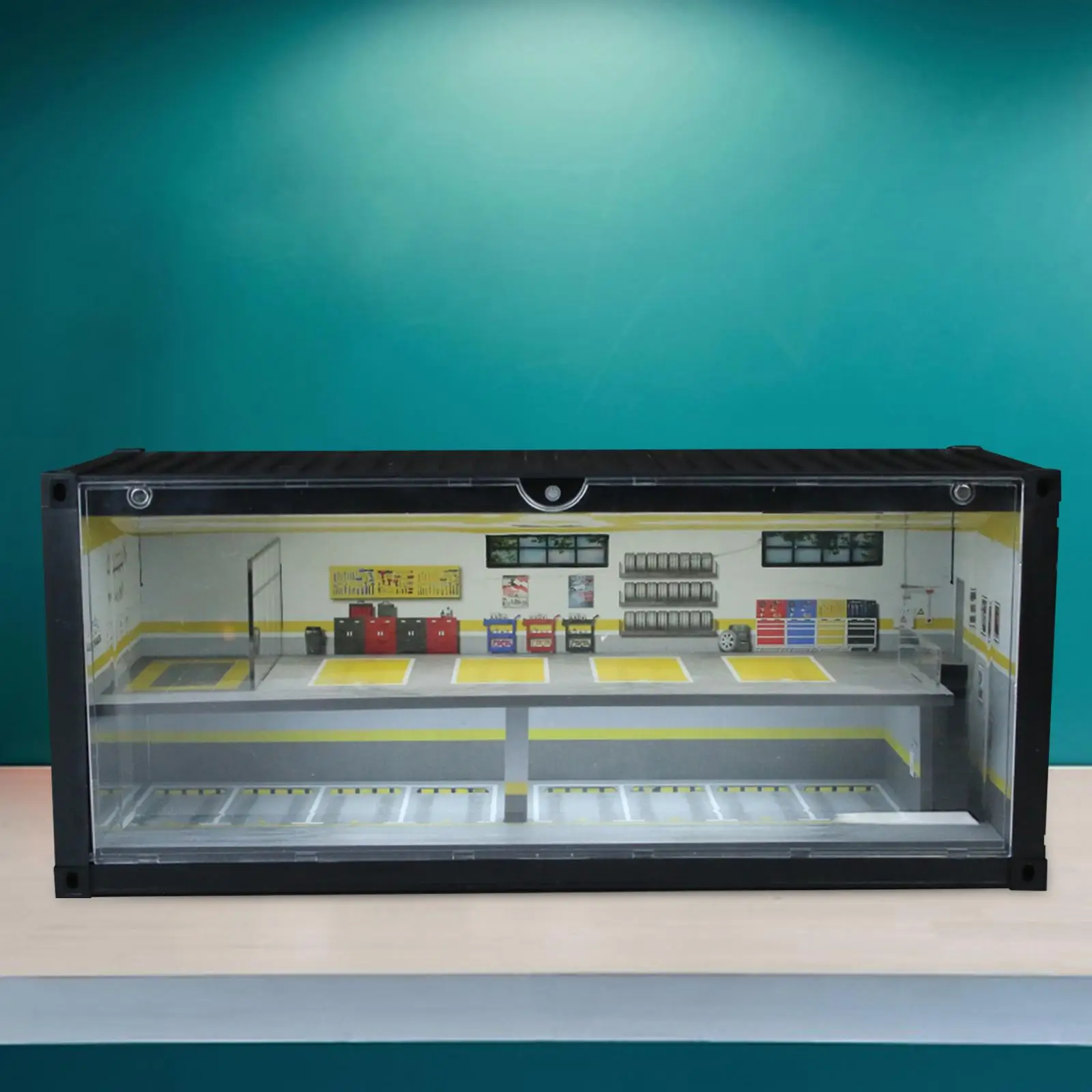 

1:64 Scale Model Car Display Case Background with LED Repair Shop Scene Showcase for Doll Diecast Car Diorama Figure Accessory