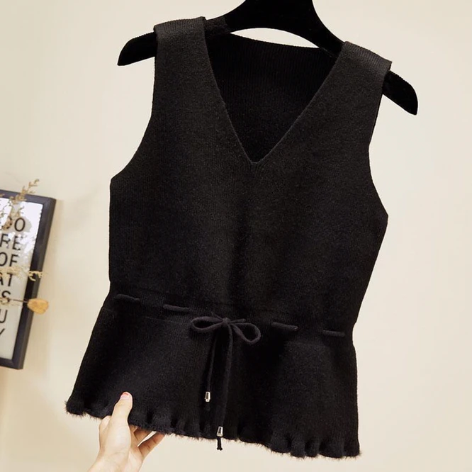 

2021 Autumn Winter Knitted Vest Coat Waist Closing Trend Waistcoat Women Wear Loose Korean V-neck Pullover Girl Student Black