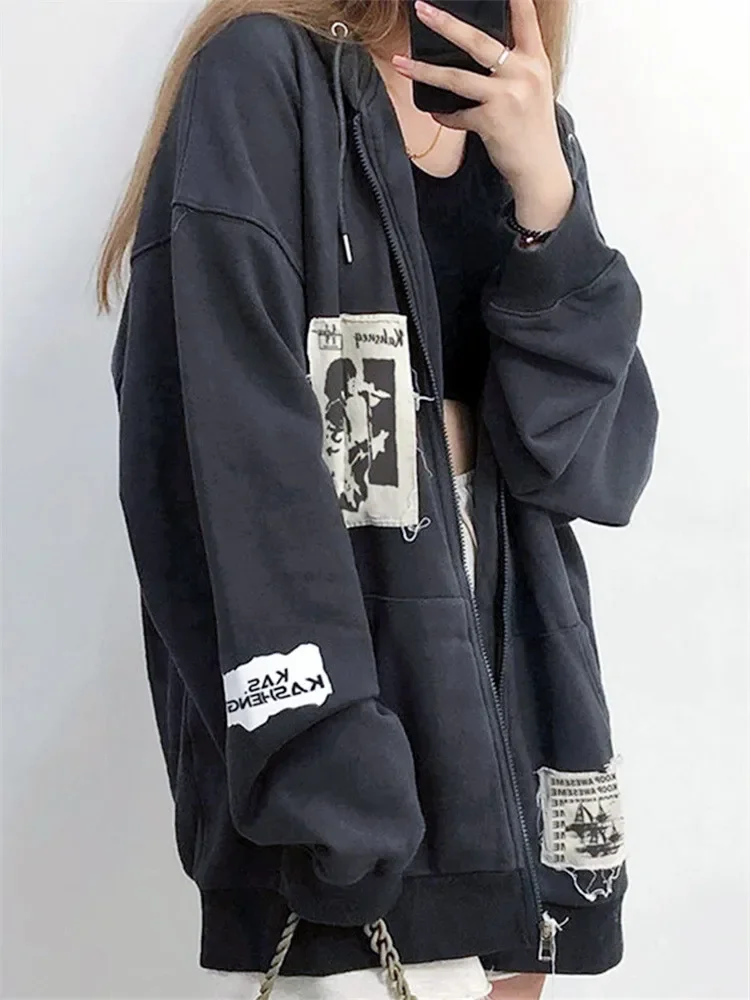 Women Sweatshirt Coats Graffiti Print Gothic Grunge Zip Up Hoodie Top Dark Academia Jacket Autumn Aesthetic Y2K Outerwear