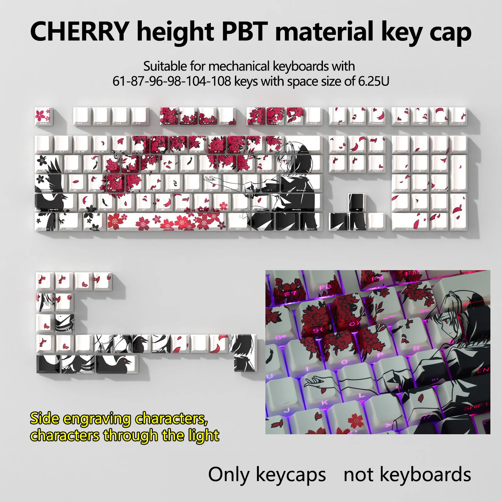 

Колпачки для клавиш CHERRY Height PBT — дизайн маски Сакуры, белый, красный, серый градиент, подходит для механических клавиатур 61/87/98/104/108, колпачков для клавиш