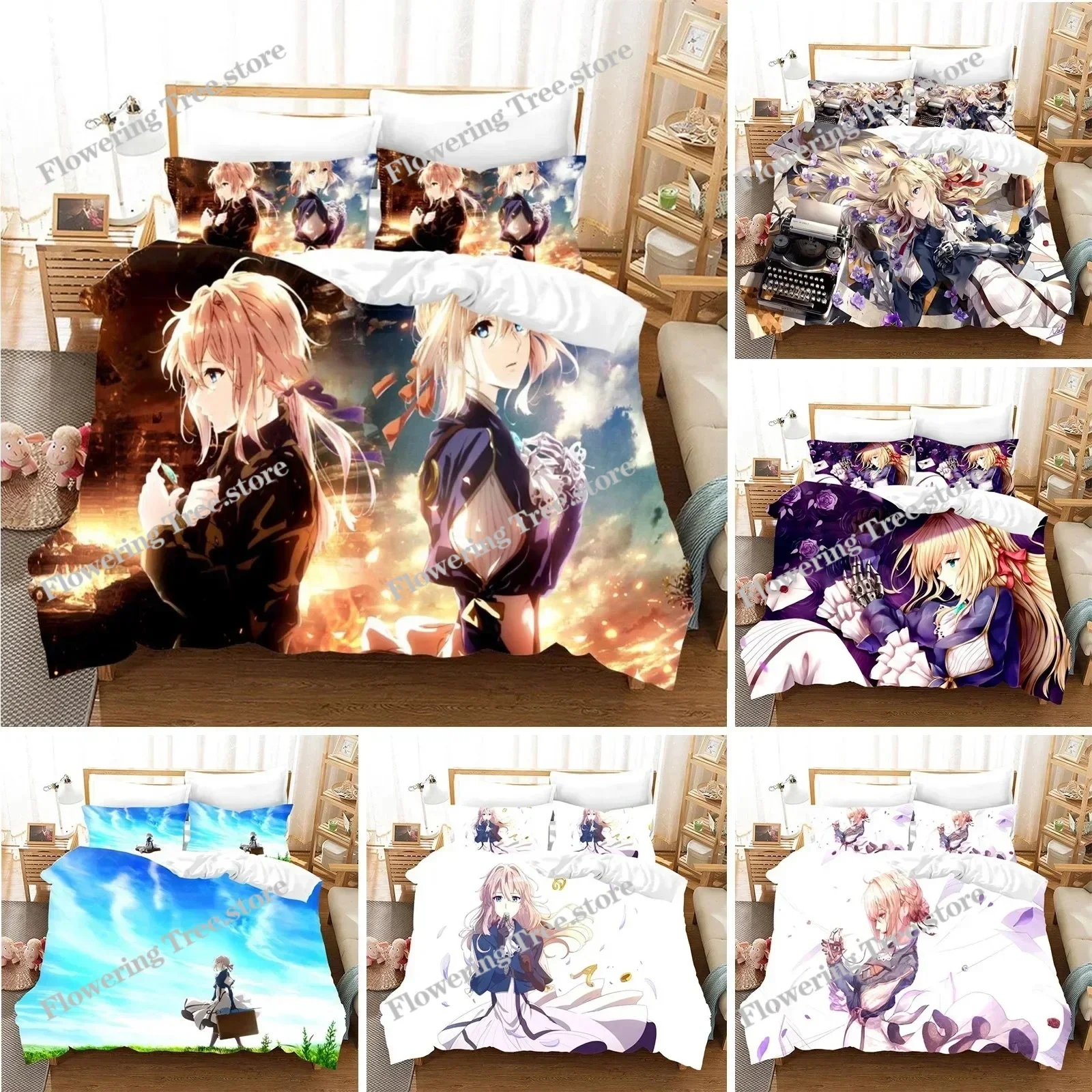 Anime Violet Evergarden 3d Bedding Set Duvet Cover Sets Comforter Japanese Kids Cartoon Boys Bed Linen Queen King Single Size