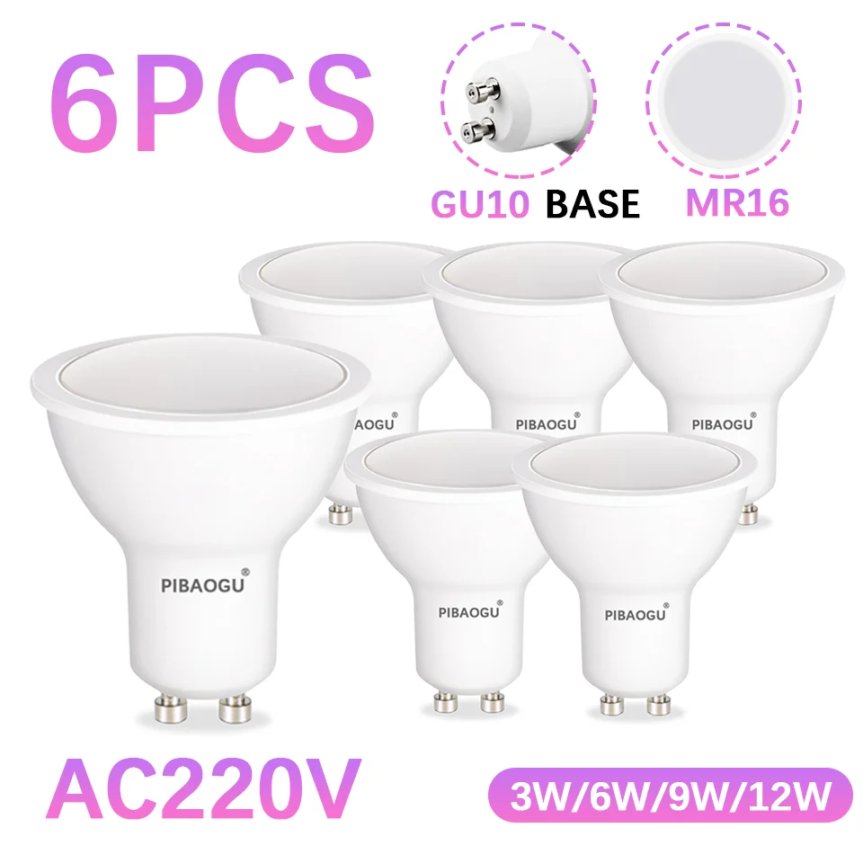 6PCS LED Lights GU10 Bulbs AC220V LED Spotlights No Flicker Energy Saving Bulbs For 3W 6W 9W 12W Dimmable For House Living Room