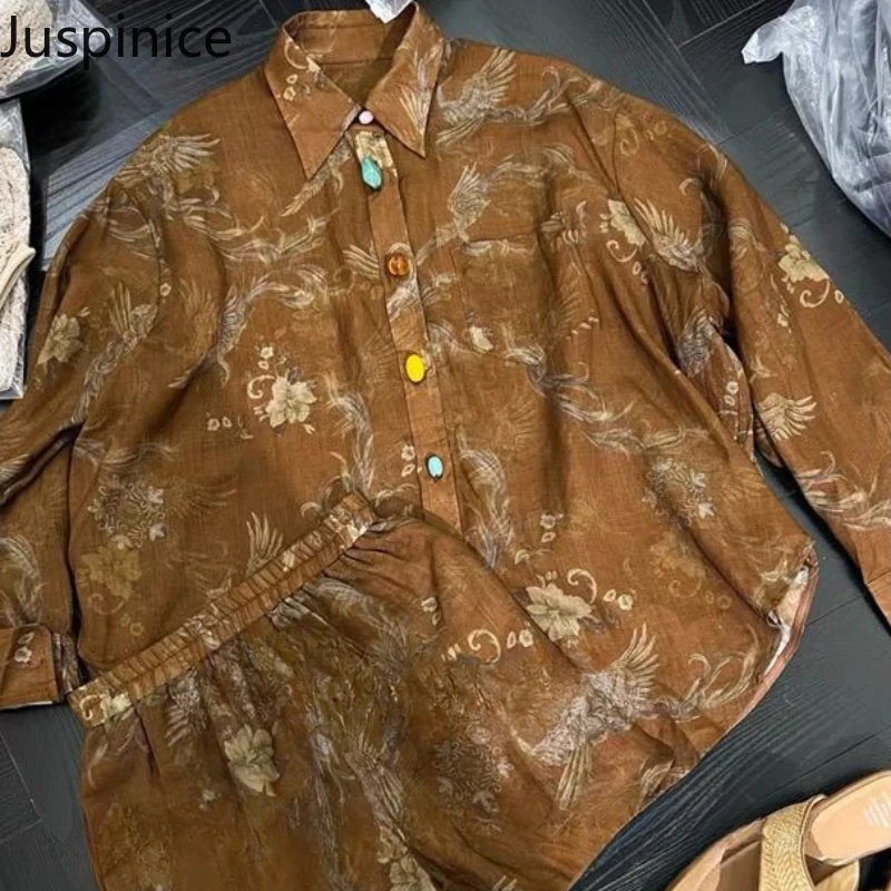 

Summer Jacquard Long-sleeved Shirt Shorts Women's Loose Casual High Street Personalized Tops Five-point Trousers Male Clothes