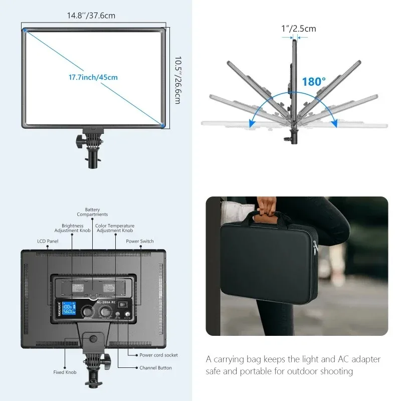 288 Large LED Video Light Panel, 45W Bi-color Dimmable LED Light