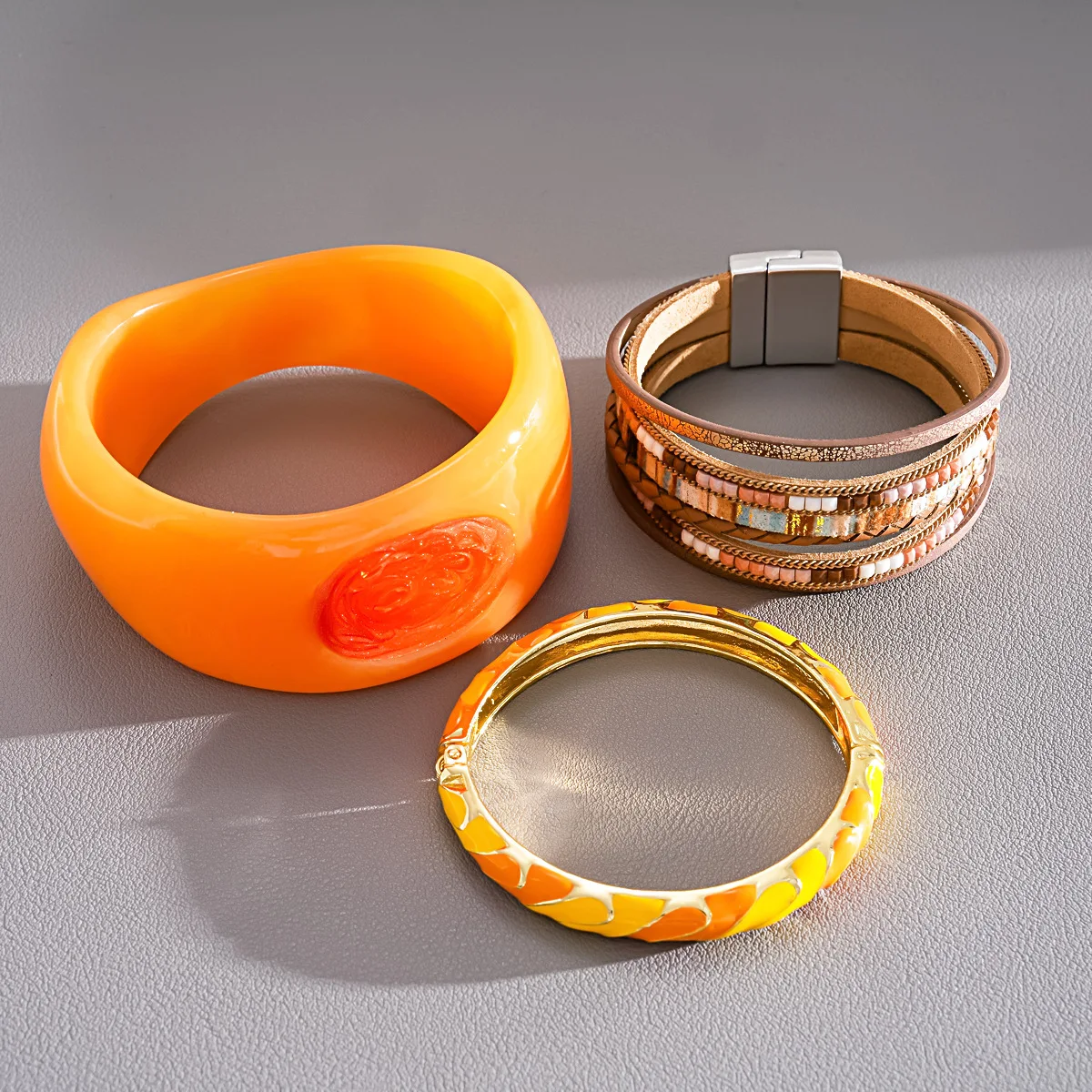 1/3 Pcs Vibrant Orange Resin Smudging Bangles Multi-layer Inlaid Glass Beads Leather Cuff Bracelets Boho Stackable Jewelry Set K
