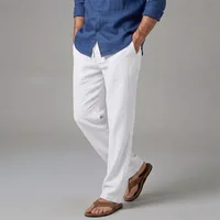 Men's Cotton Linen Suit Pants Elastic Waist Solid Color Breathable Lightweight Old Money Casual Business Straight Leg Pants