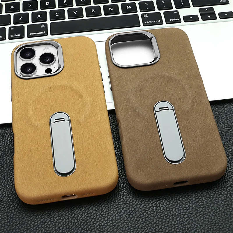 

Luxury Magsafe Suede PU Leather Phone Case for iPhone 15 Pro /16 Pro Max Metal Alloy Lens 360 ° Rotating Bracket Magnetic Cover