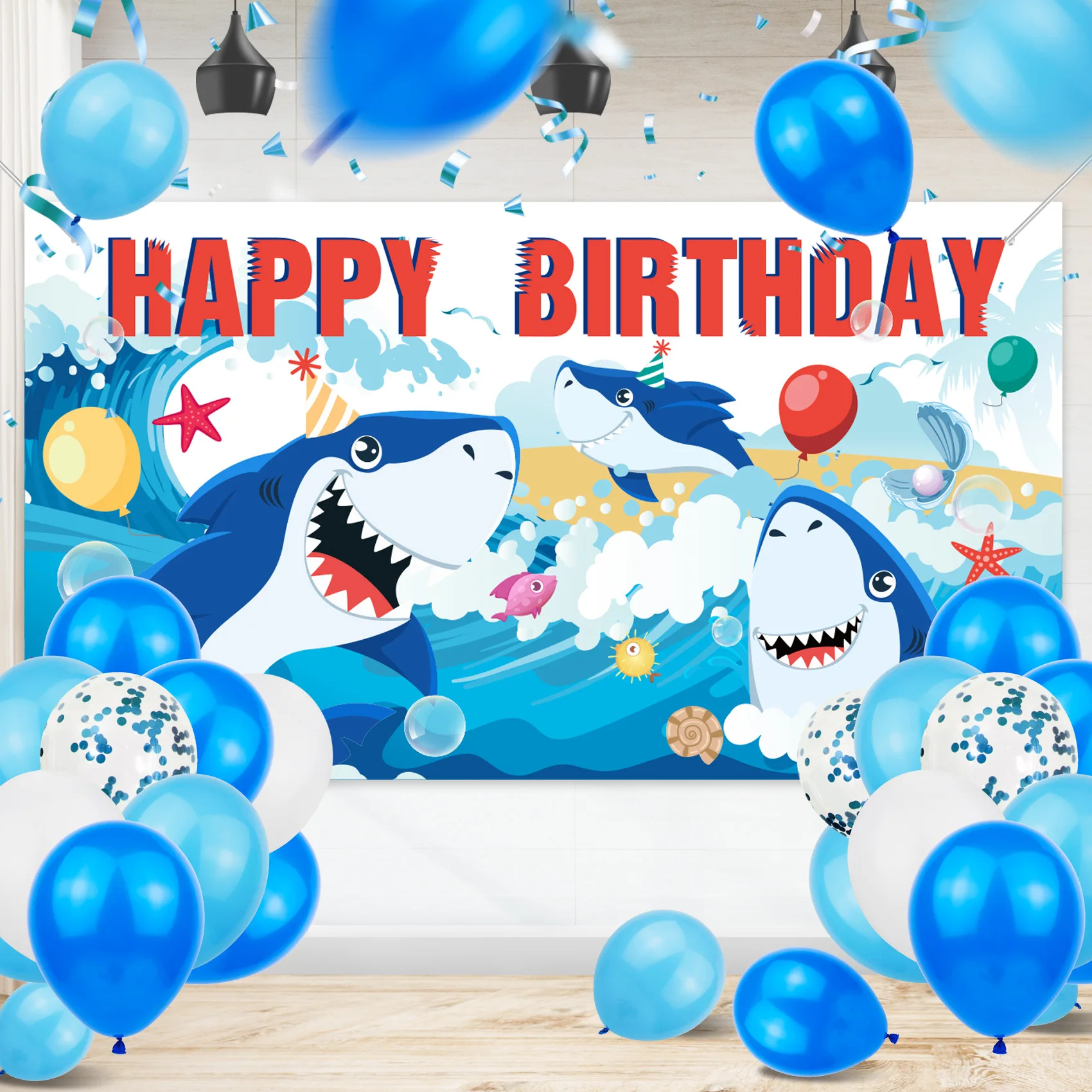 Sea Shark Themed Birthday Background Underwater World Sea Wave Child Birthday Party Decoration Banner Boy Photography Backdrops