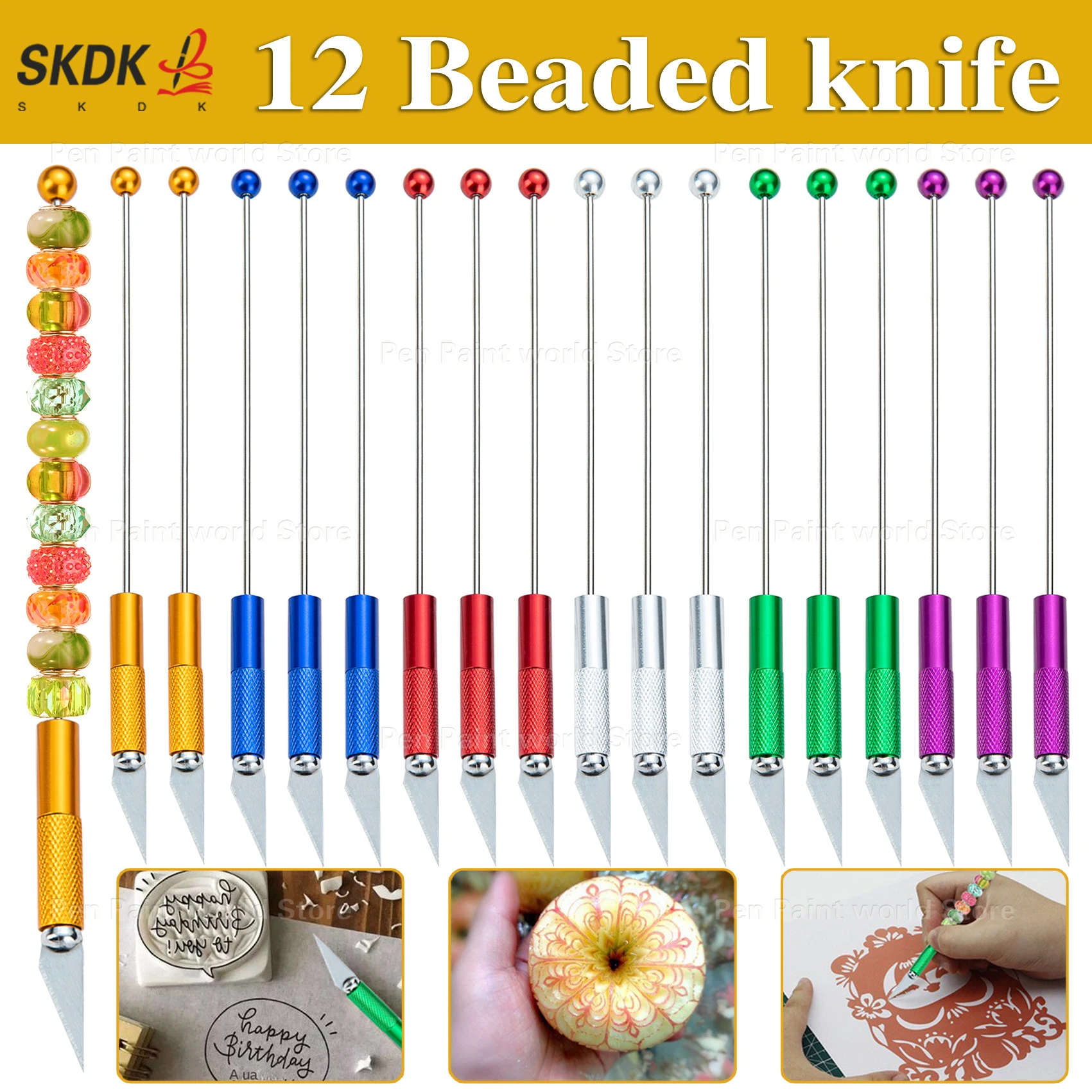 12Pcs DIY Beaded Utility Knife - Metal Handle with Sharp Stainless Blade for Scrapbooking & Crafts