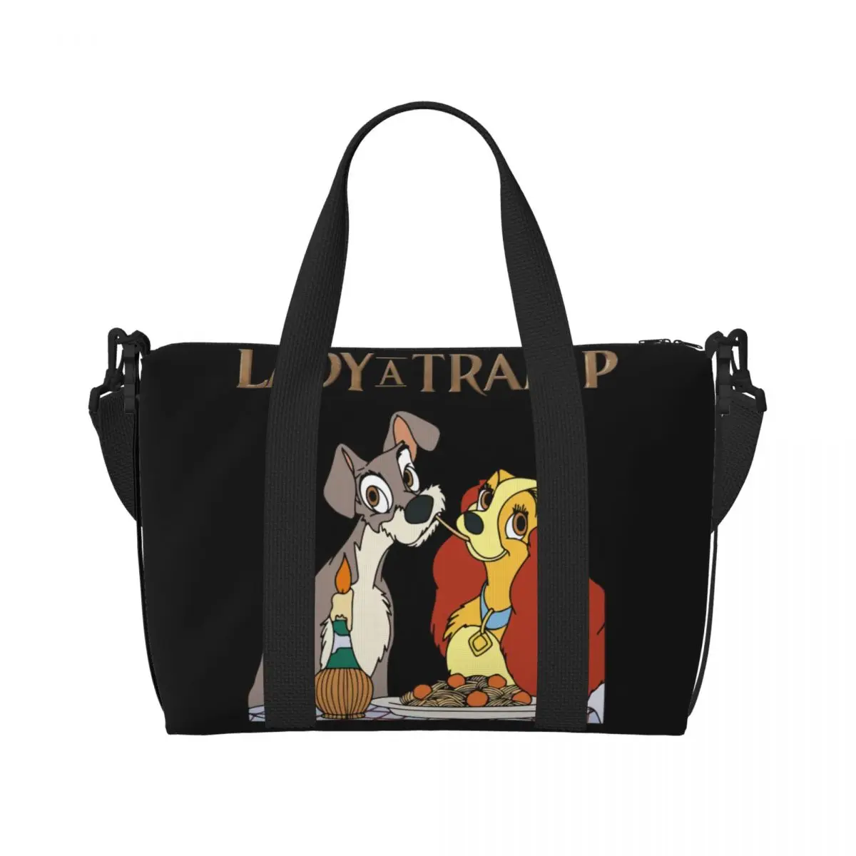 Custom Lady And The Tramp Anime Tote Bag Women Large Capacity Cute Cartoon Beach Gym Shoulder Travel Bag