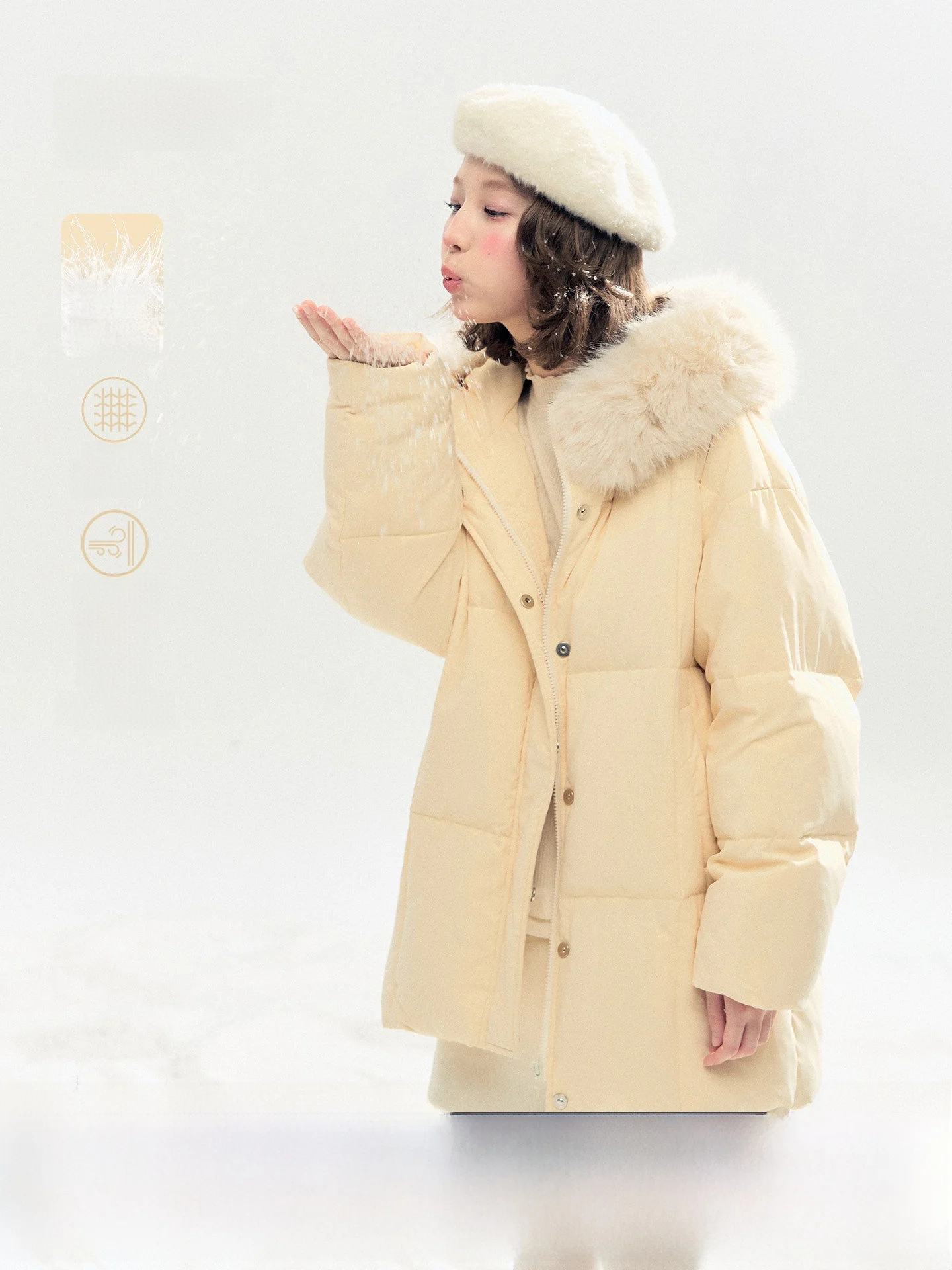 

Holid Map "Butter Puff" Women's Mid-Length down Jaet Coat with Hood 90% White Du Feather Collar Casual Sle Thiened