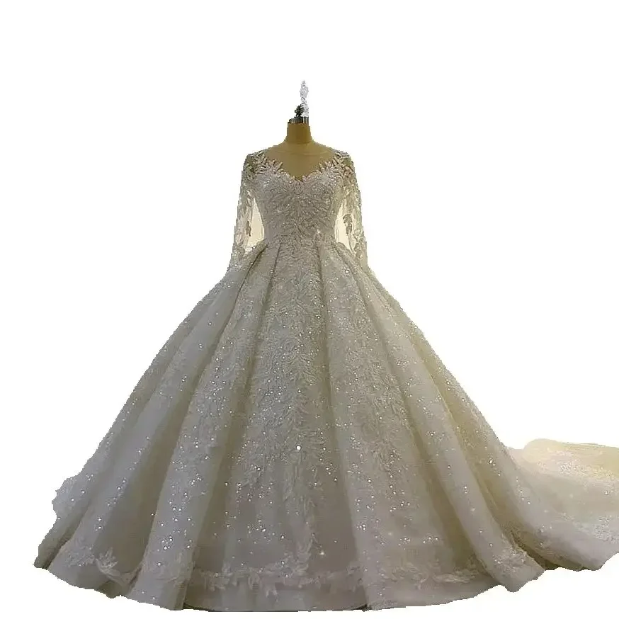 

Customized Wonderful Scoop Shinny Beads Appliques Wedding Dress Cathedral Train Lace-up Back Vestido De Casamento Ballgown Brid