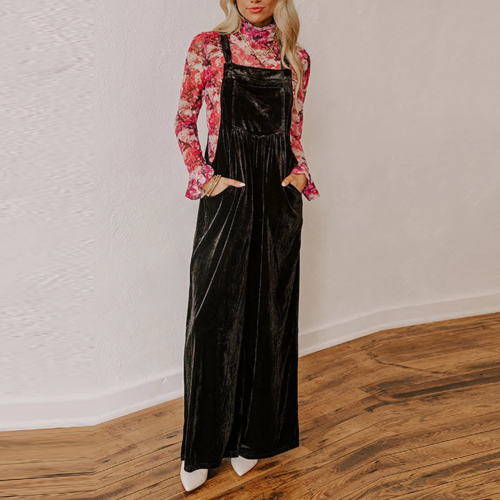 

Women's New Jumpsuit Fashion Velvet Wide-Leg Jumpsuit with Pockets Simple All-Match Solid Colour Button-Down Bib Jumpsuits