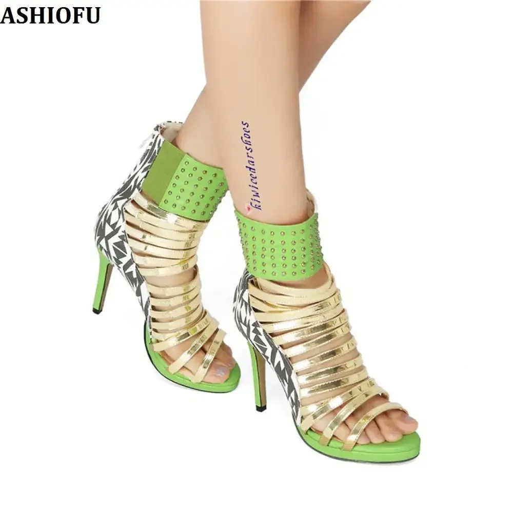 ASHIOFU New Hot Sale Handmade Womens High Heel Sandals Sexy Club Party Prom Summer Shoes Patchwork Fashion Evening Sandals Shoes