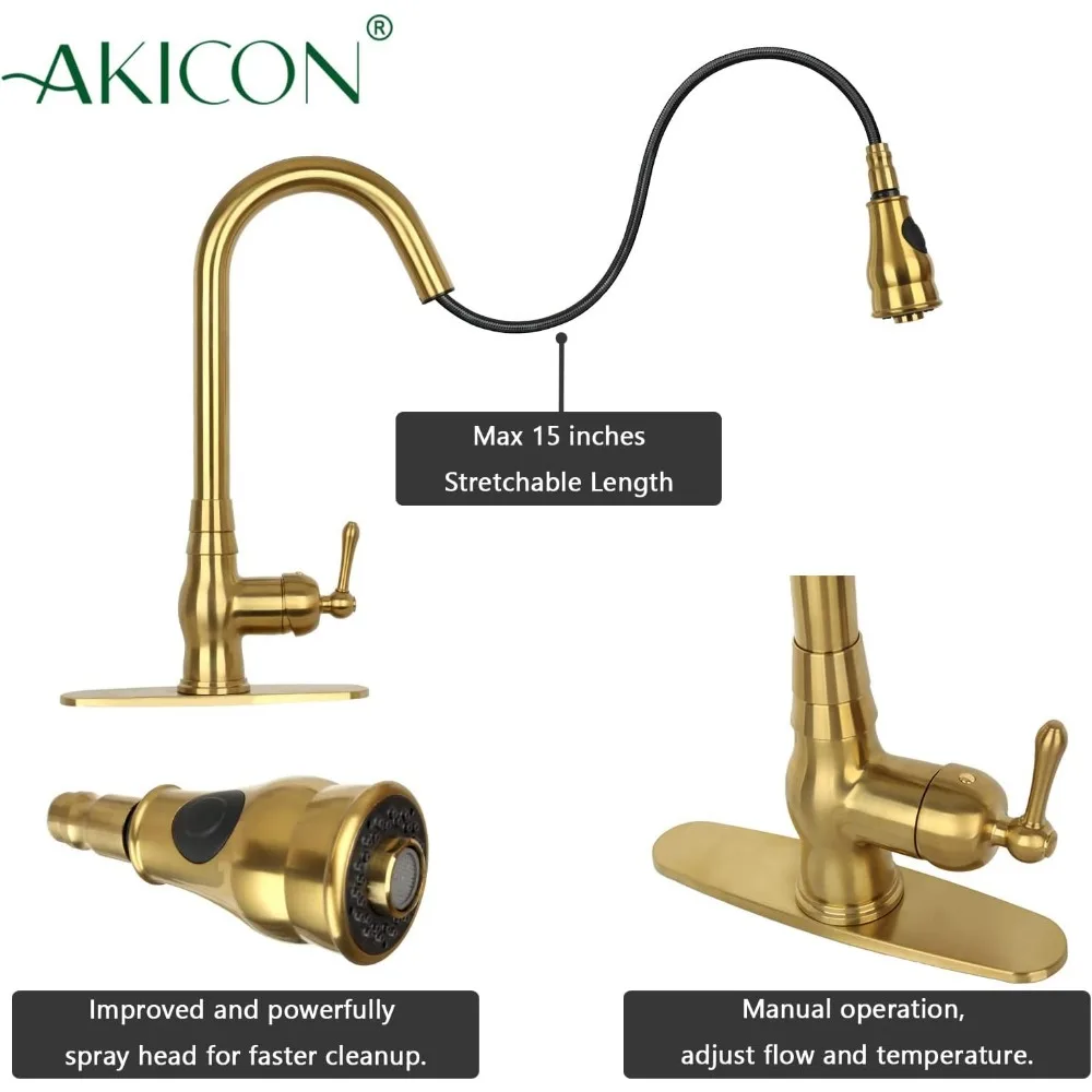 Single Level Solid Brass Pull-Down Kitchen Faucet with Deck Plate in Brushed Gold Finish