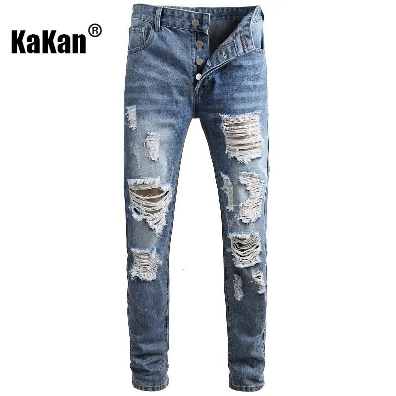 Kakan - Straight Tube Beggar Hole Nostalgic Street Personality Men's Jeans, European and American Trend Stretch Jeans Men 02-901