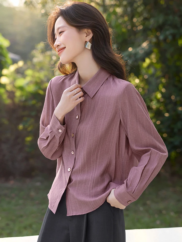 

Женская рубашка Ele Long Sleeve: новая модель для осени и зимы, повседневная, свободного кроя, с воротником на пуговицах, высокоэластичная, не требует глажки.