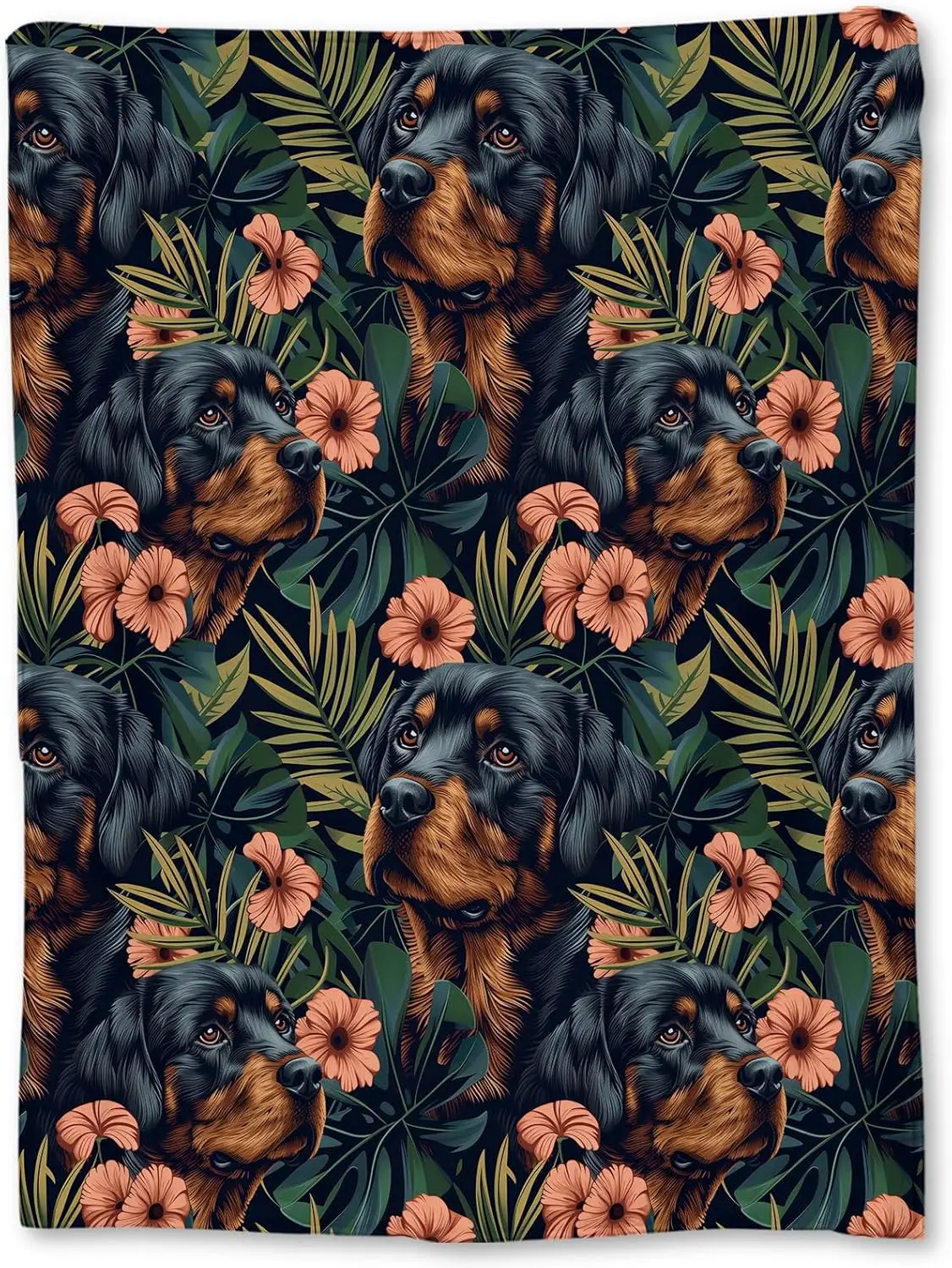 

Elegant Rottweiler and Floral Blanket - Soft Lightweight Cozy Flannel Throw with Tropical Flower for Adults Kids Women, Warm Fuz