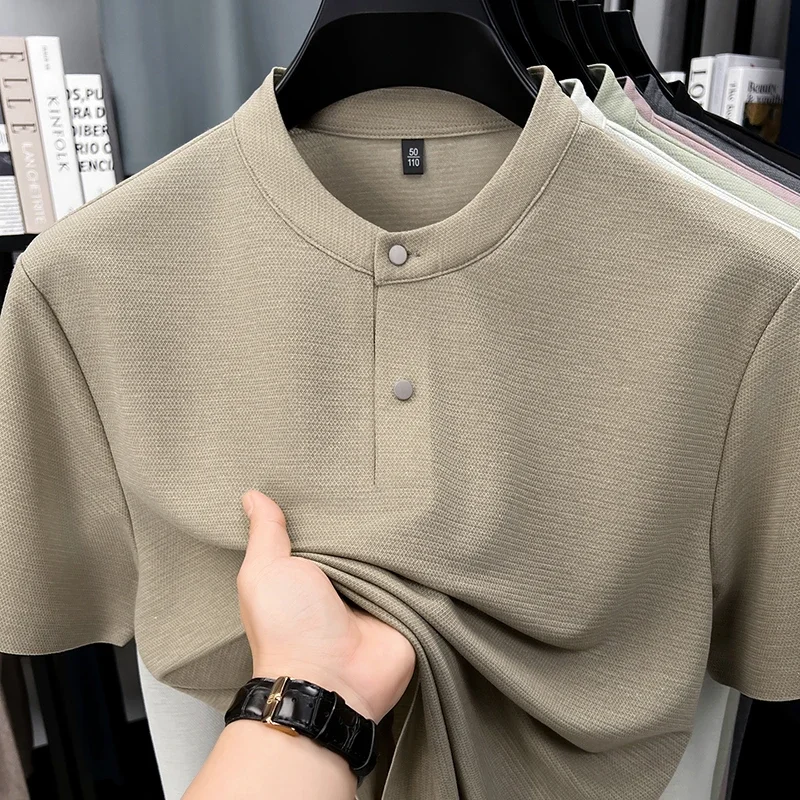 Men's Stand Collar Henley T Shirt With Single Button Placket Textured Fabric Short Sleeve For Daily Wear
