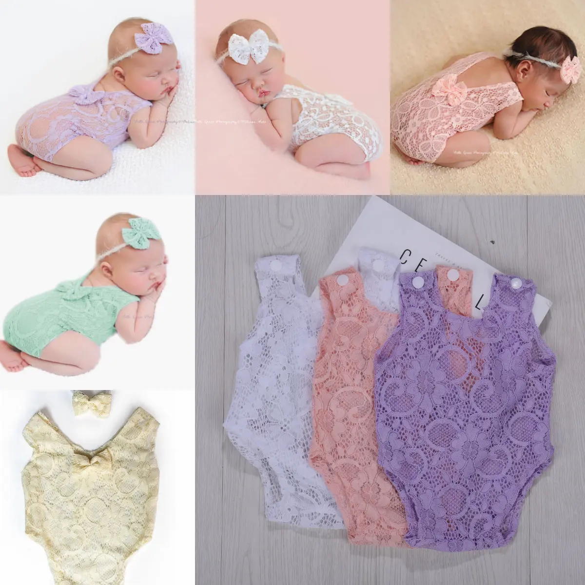 2 Pieces Set Beige Newborn Photography Clothes Costume Lace Romper Bow Headband Set Baby Girl Photo Shooting Outfits