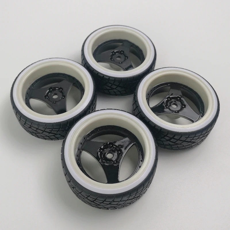 4pcs 6mm Offset 1/10 Scale Plastic Wheels Rim with Hard Plastic Tires with White Insert RC Car Drift On Road Touring Model Hobby