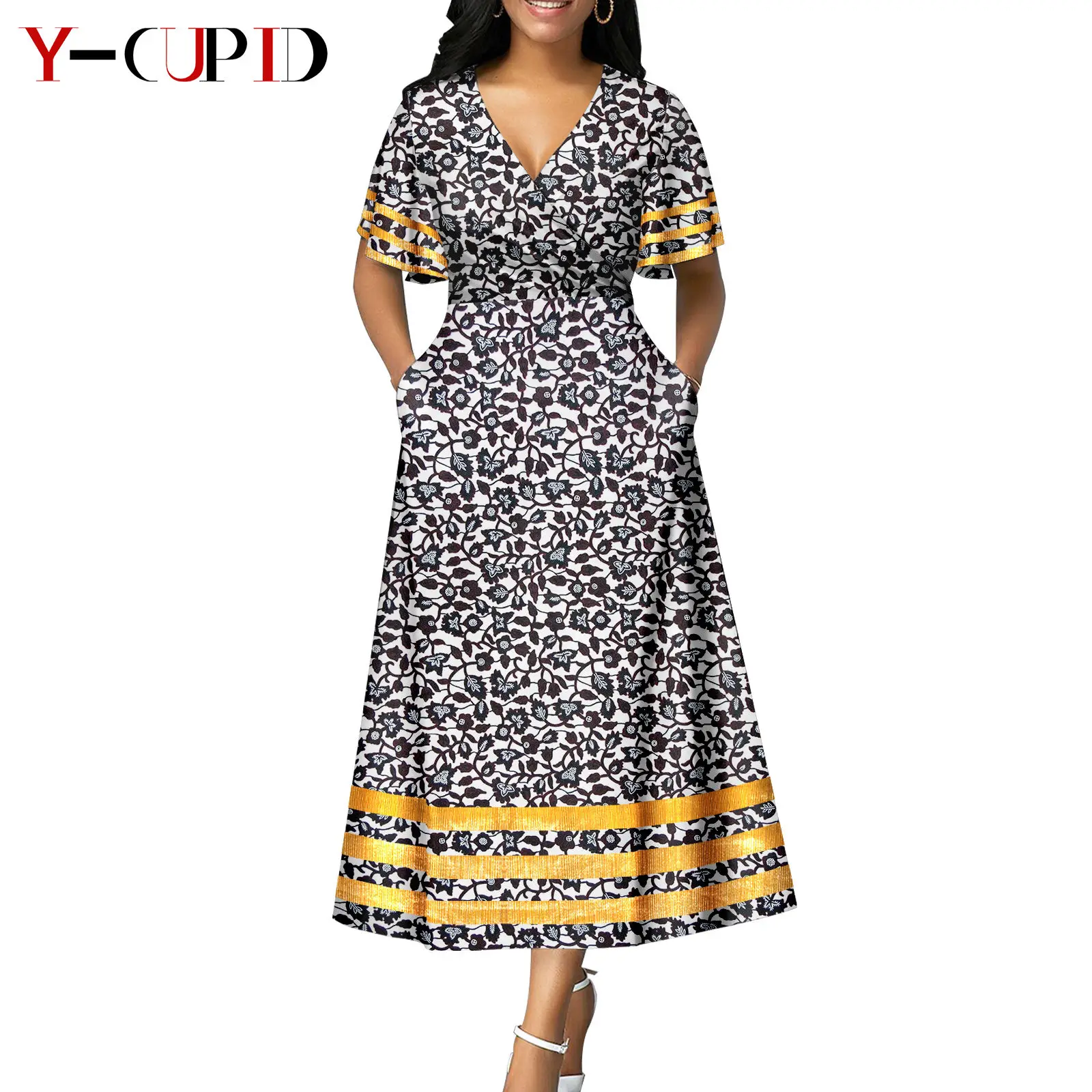 African Print V-neck Dresses for Women Couple Matching Men Outfits Top and Pant Sets Dashiki Bazin Riche Lover Outwear Y23C086