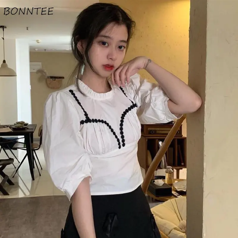 Blouses Women Crop Ruffled Leisure Chic Aesthetic French Style Sweet Design Popular New Summer Simple Vintage College All-match