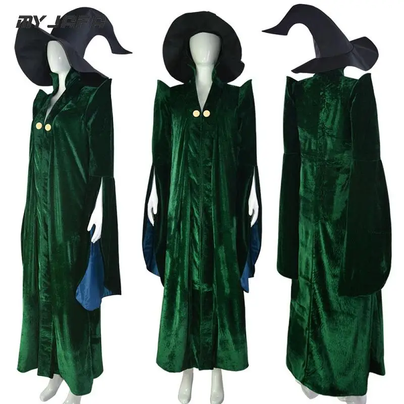 Minerva McGonagall Cosplay Costume Dark Green Trench Cloak + Dress + Hat