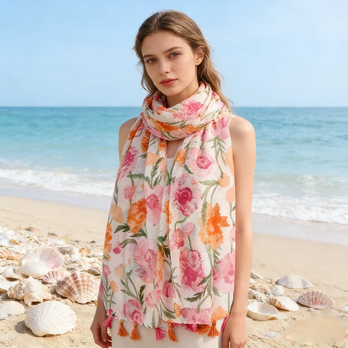 Women's Pink & Orange Floral Print Scarf, Lightweight Breathable Polyester Neck Scarf, 88x180cm Large Decorative Shawl, Color Bl