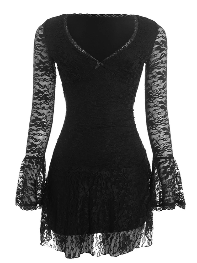 SsTss 2025 nuevo vestido Sexy de encaje Floral de otoño para mujer elegante cuello en V ahuecado manga acampanada ajustado una línea vestido negro corto de fiesta