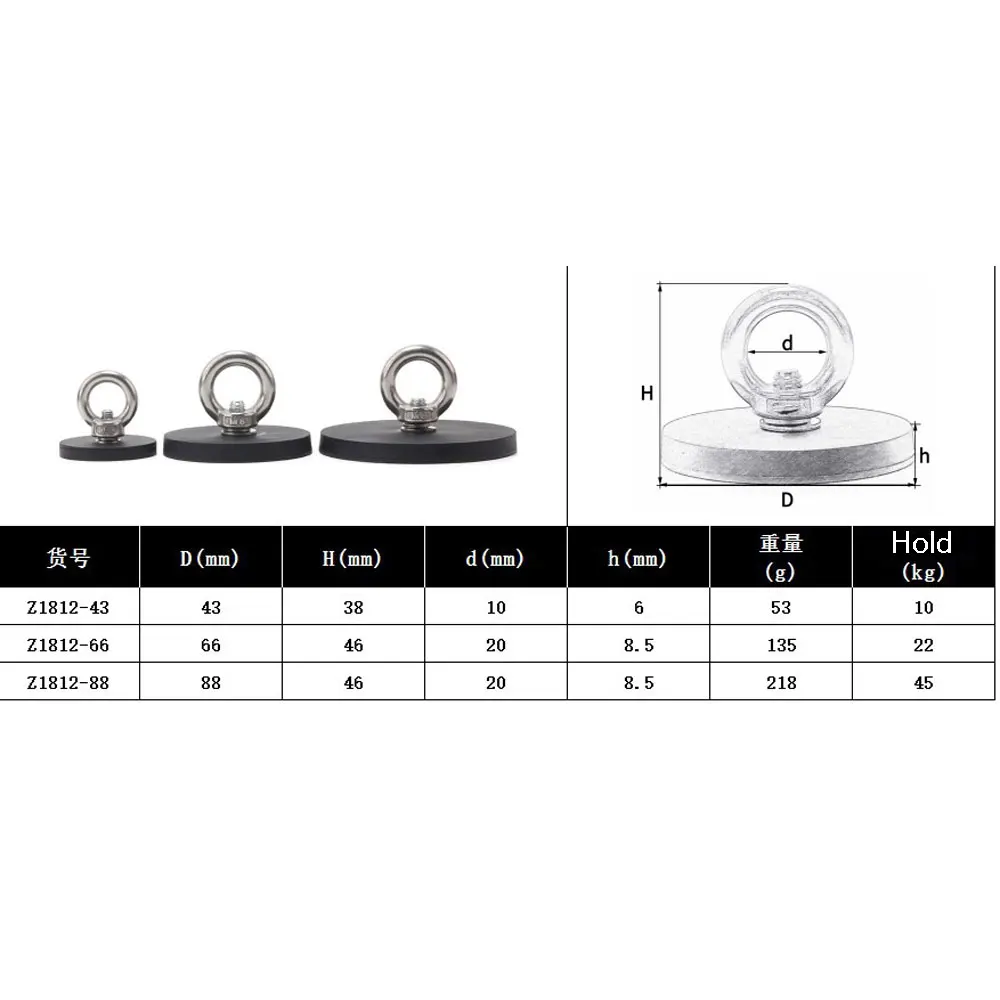 5 Pcs Super Strong Neodymium Magnets Fishing Rubber Coated Lifting Ring D43mm D66mm D88mm Powerful Salvage Fishing Magnet Hooks