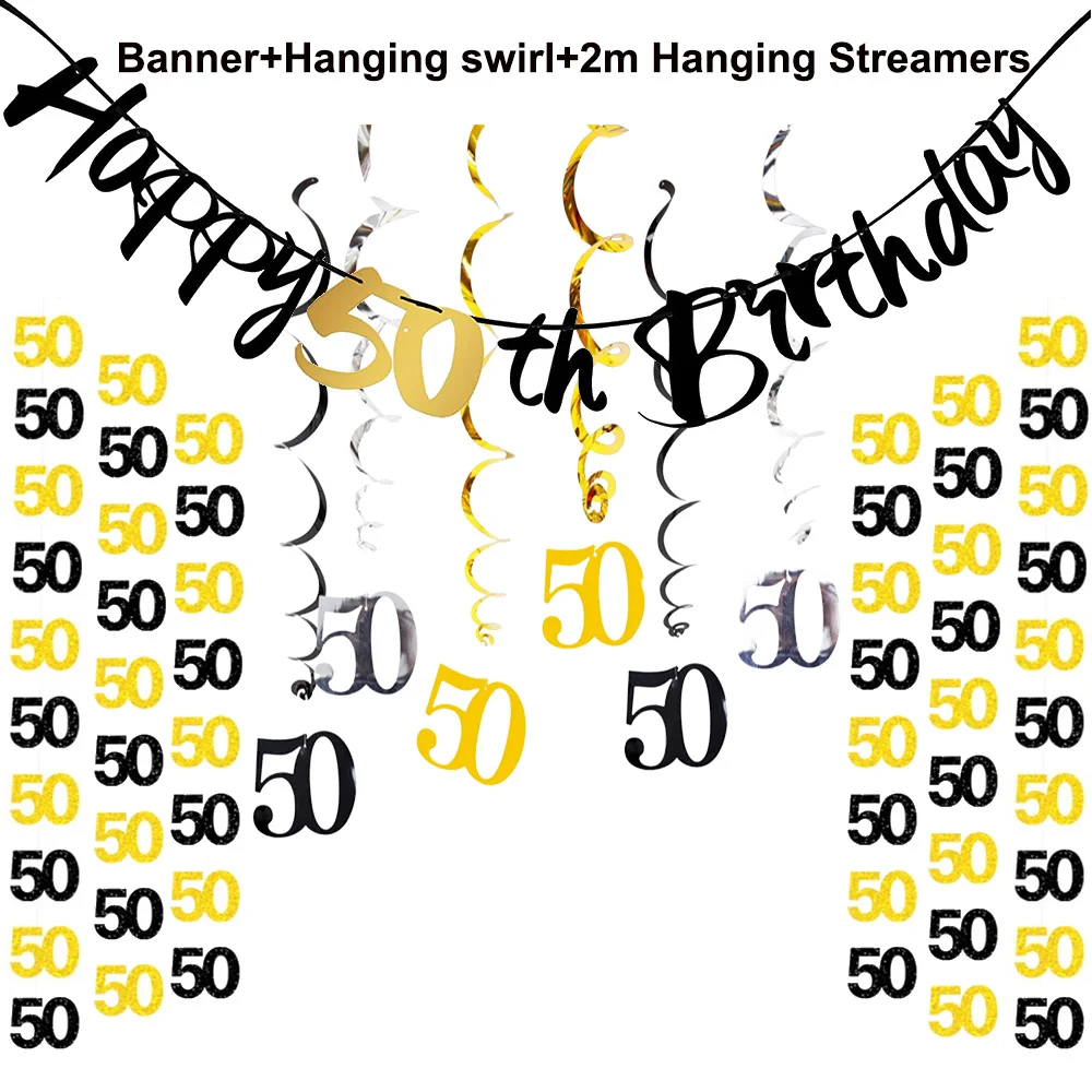 Black Gold Disposable Tableware For 50th Birthday Party Decor Supplies Plates Tablecloth Birthday Banner 32inch Number Balloon