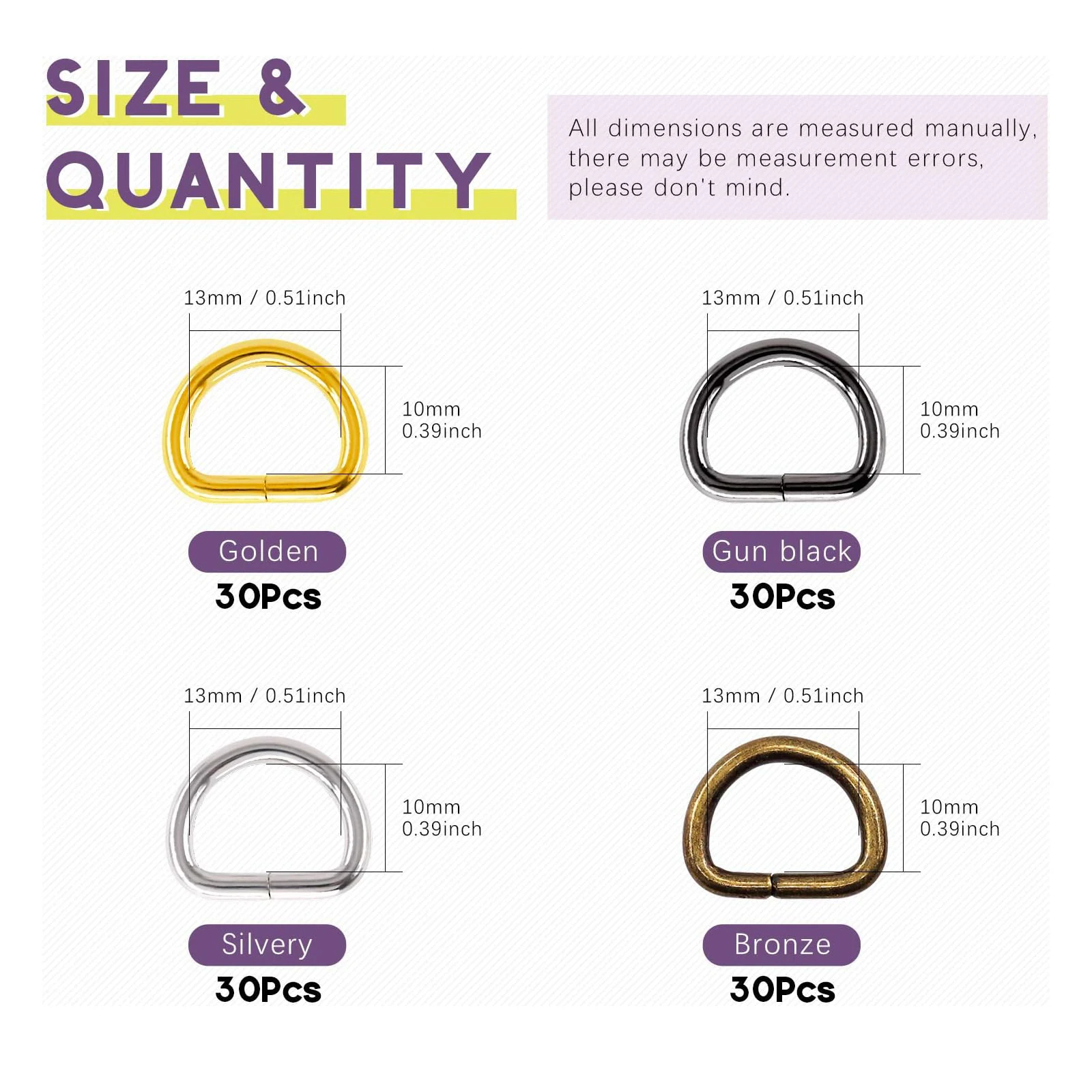 120Pcs 1/2 Inch 13mm 4 Colors Multi-Purpose Metal D Ring Semi-Circular D Ring for Hardware Bags Ring Hand DIY Accessories