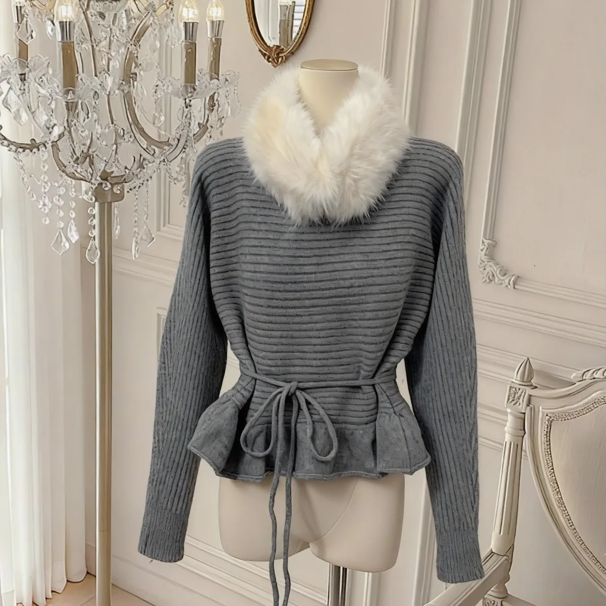 Tie-Dye Knitted Sweater with Faux Fur Collar Detachable Autumn Winter New Sle Warm Casual Loose Fit Long Sve Women's Top