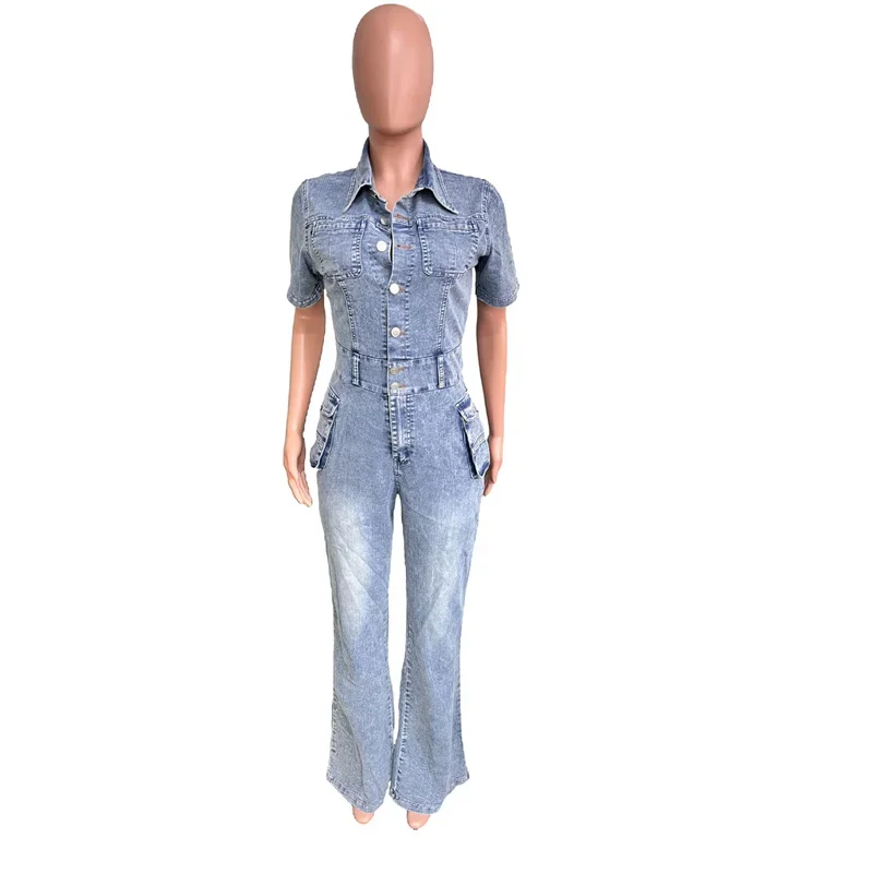 Women Casual Denim Jumpsuit Lapel Single-breasted Half Open Cardigan Rompers Female Summer Short Sleeve Bodysuit Flared Jeans 24