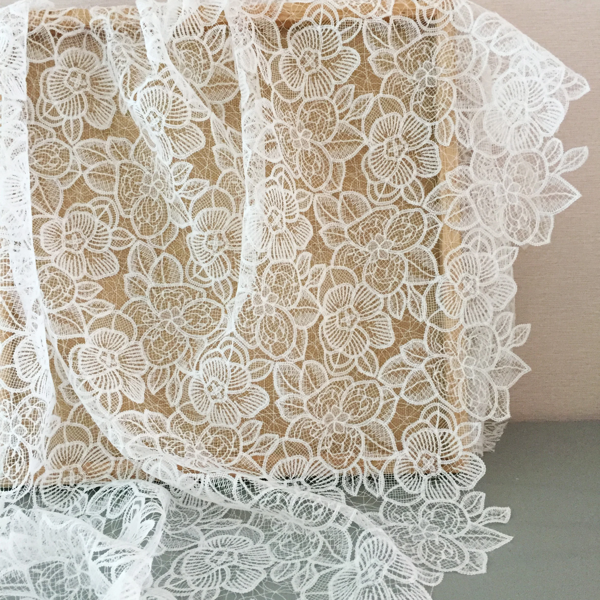 

1 Yard Ivory Exquisite Alencon Lace Fabric with Rose Pattern Floral Emrboidery Fabric for Wedding Gown, Lace Caps