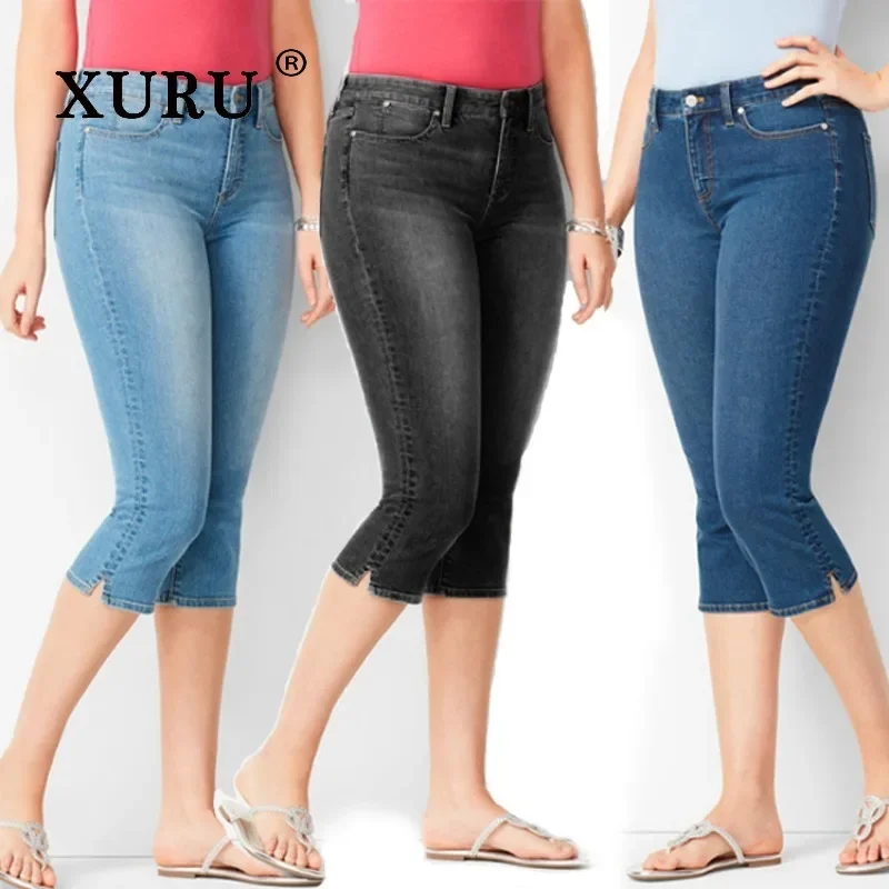 

XURU - European and American Women's 7-point Jeans Slim Fit and Slimming Denim 7-point Pants White Black Jeans