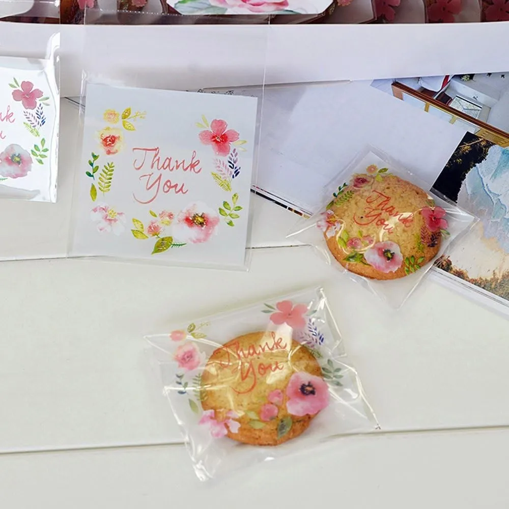 100 pezzi grazie sacchetti di plastica stampati fiore rosa OPP biscotto autoadesivo Mini confezione di caramelle gioielli regalo fai da te sacchetto