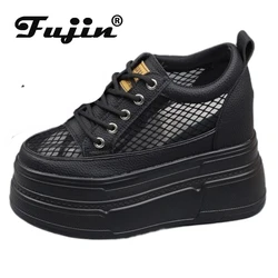 Fujin 10cm 12cm 14cm Air Mesh Leather Breathable Pumps Summer Fashion Chunky Sneaker Heels Sandals Platform Wedge Hollow Shoes