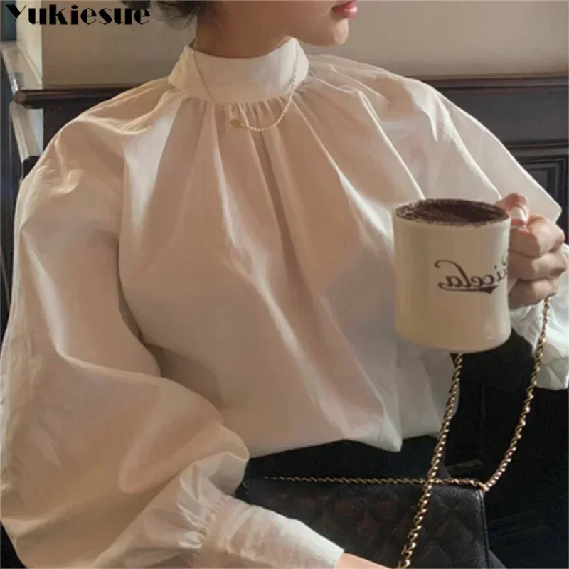 Women Shirt 2023 Spring Autumn Y2K Korean Edition Casual Loose Fashion Ladies Half High Collar Long Puff Sleeve Vintage Blouse