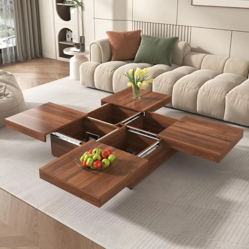 

39.4'' Square Marble Veneer Coffee Table with Sliding Top & Ample Storage Walnut Finish, Modern and