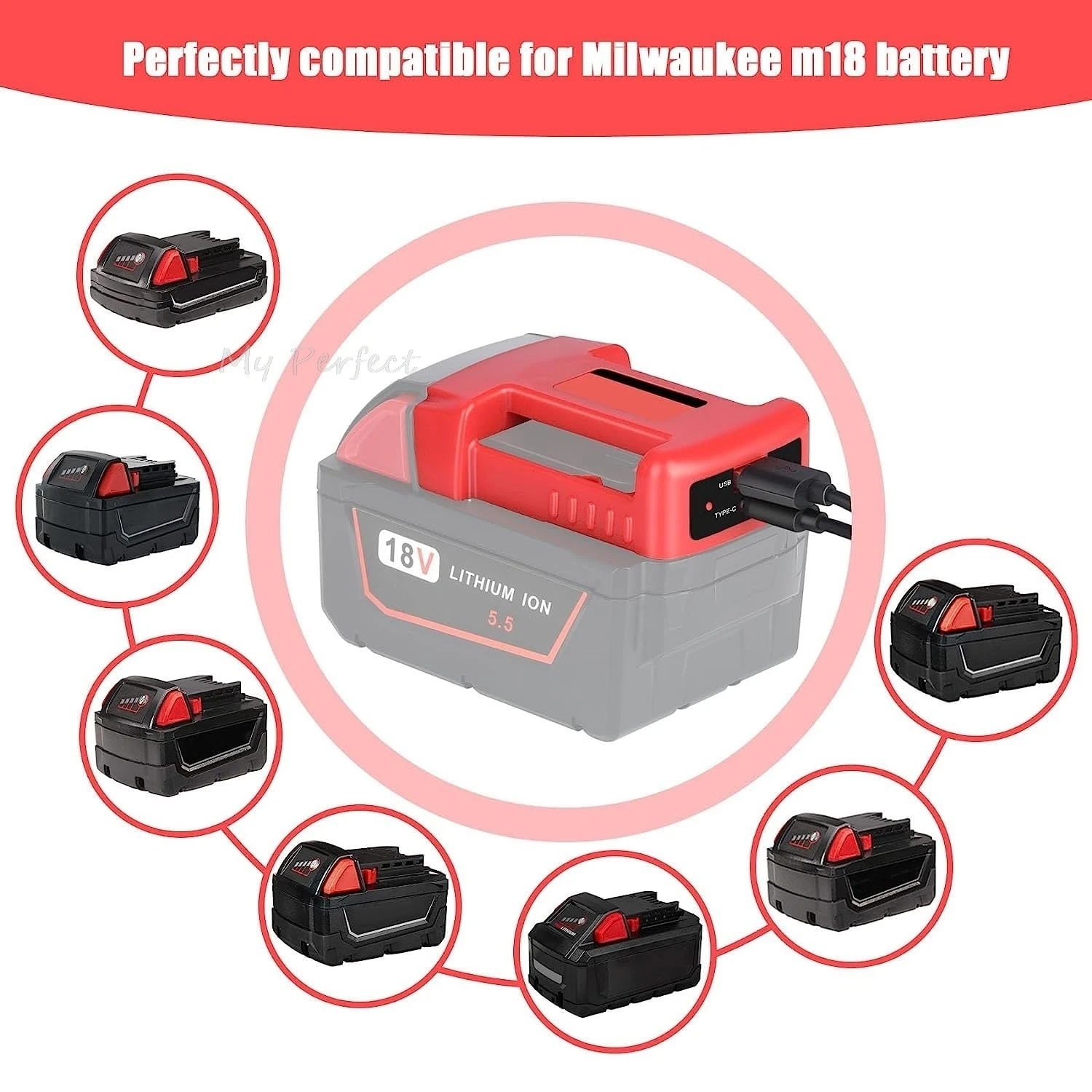

1/2/5-пакетный адаптер зарядного устройства USB, совместим с батареей Milwaukee M18 18V с двойным выходным портом с USB и зарядным интерфейсом типа C