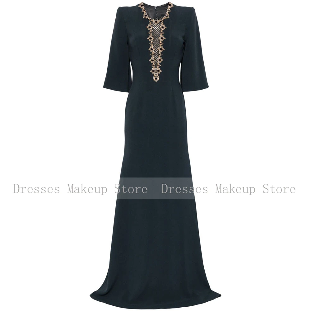 Black Wedding Guest Dresses for Women Crystal O Neck Elegant Evening Gowns 3/4 Sleeves Tumpet/Mermaid Formal Party Dress Long image 5