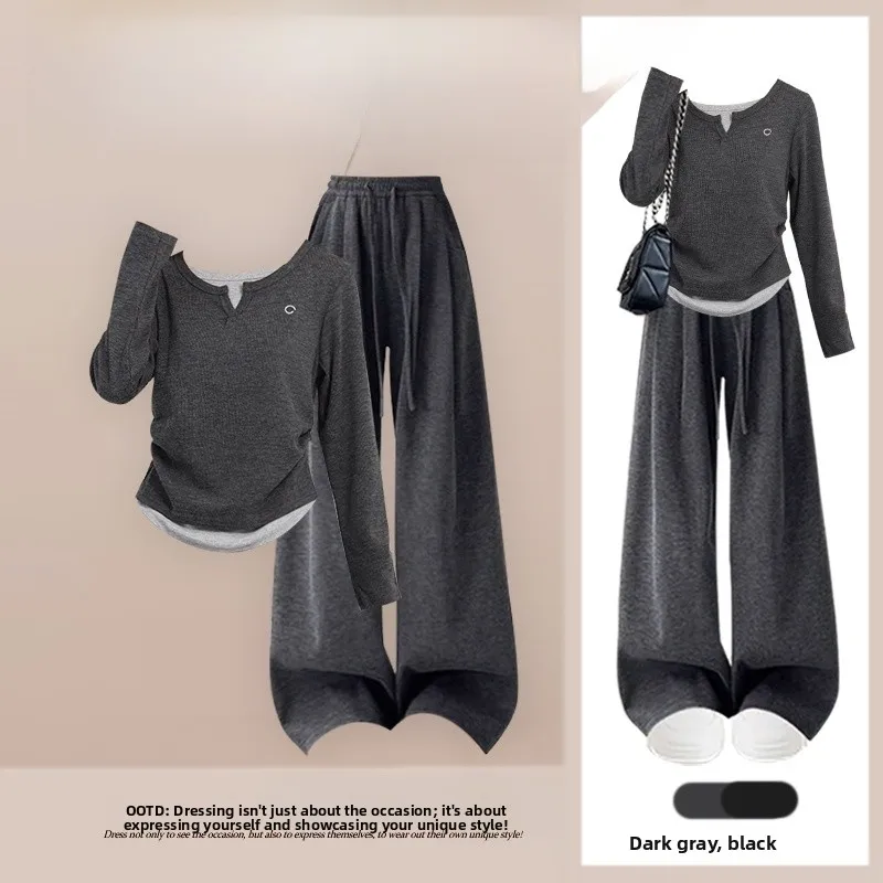 

Ladies' Lazy Sle Long Sve T-irt Set Korean Loose Wide Leg Pants Two-Piece Suit Casual Slimming Spring Autumn Wear