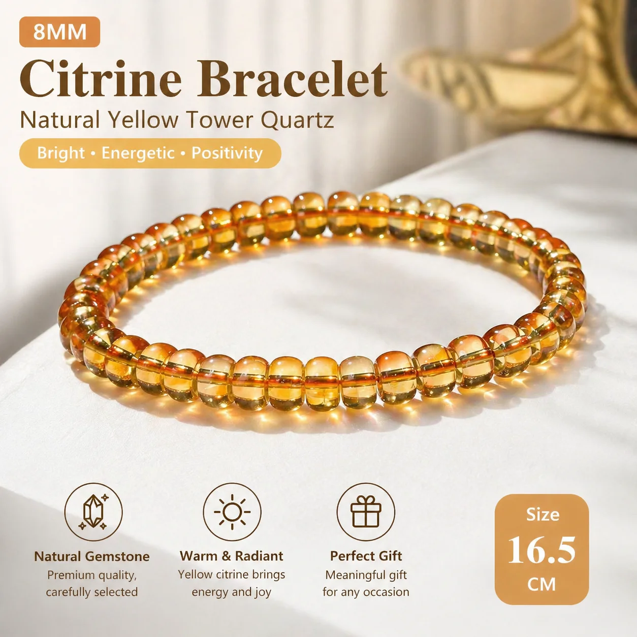 

Natural Yellow Tower Quartz Bracelet 8MM | Luxury Golden Crystal Energy Bracelet | Handmade Elastic Beaded Bracelet for Women Me
