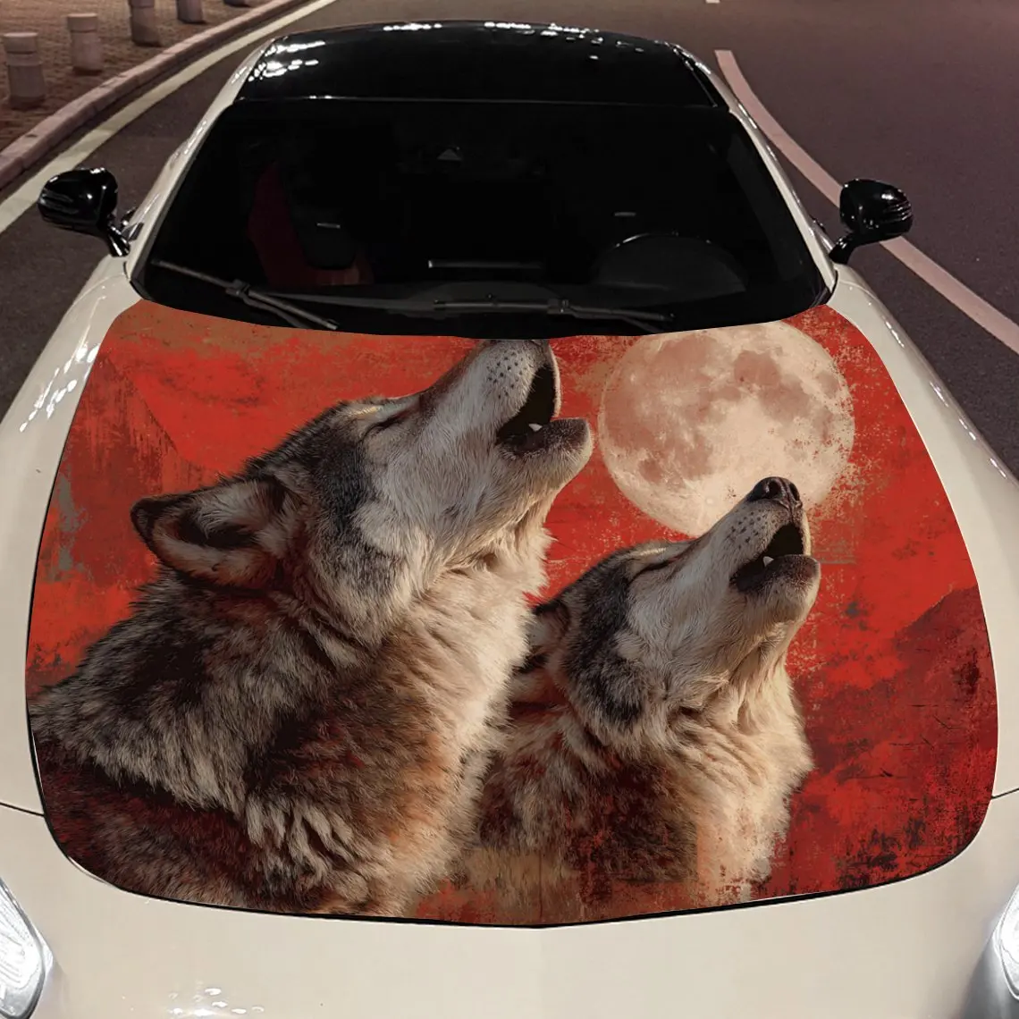 

Car Decals Two Wolves Howling at the Moon on a Red Background Car Hood Sticker, Waterproof Self - Adhesive Vinyl Graphics Decals