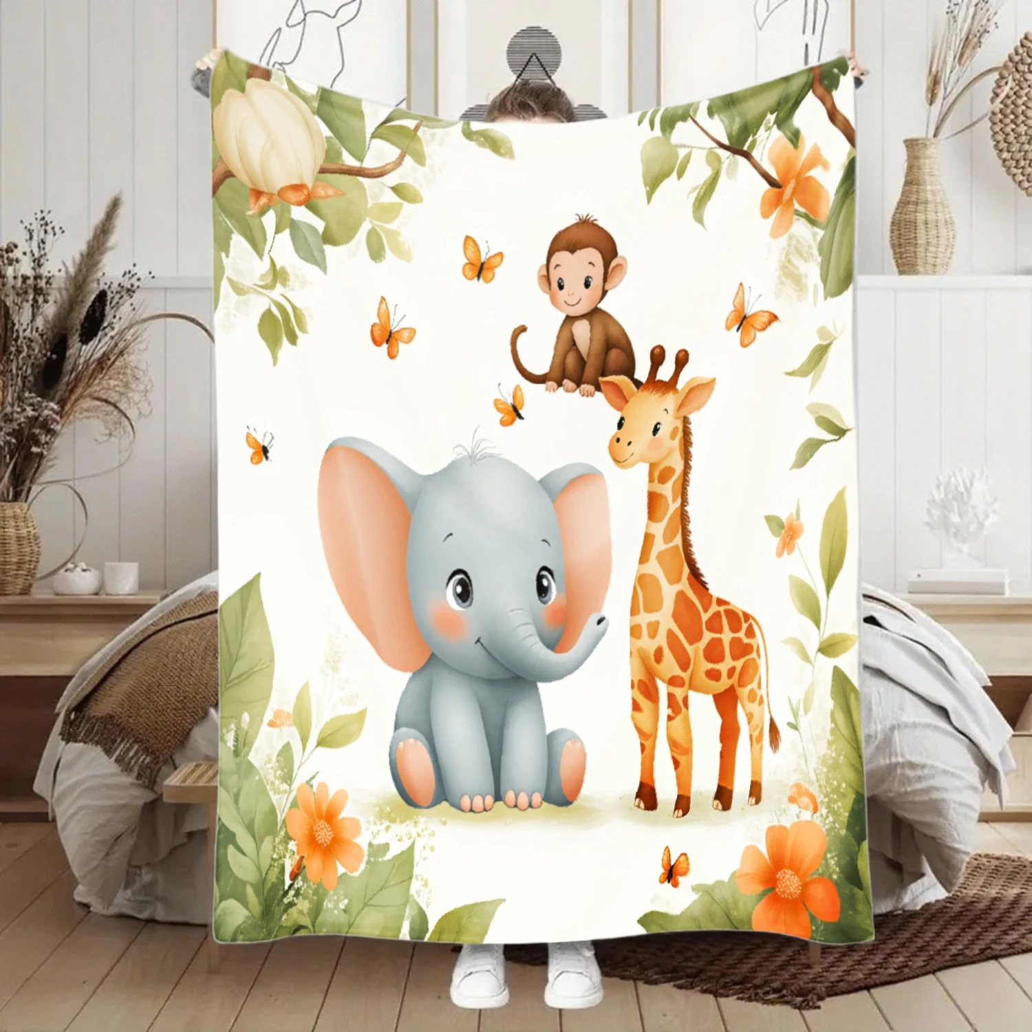 Cute Safari Jungle Animal Throw Blanket for Kids Nursery Decor Elephant Giraffe Monkey Print Polyester Cozy Toddler Bed Throw