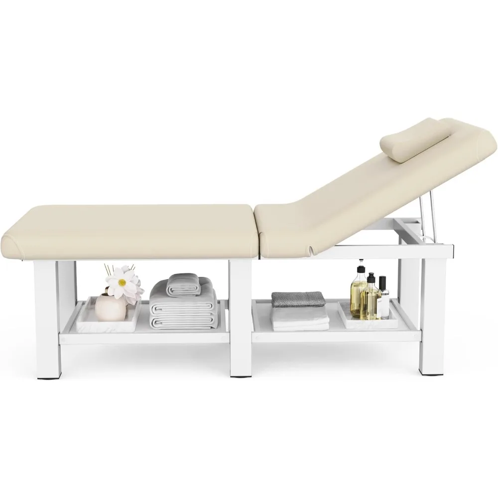 طاولة تدليك ثابتة قابلة للطي بعرض 30.5 بوصة × 75 بوصة مع مسند ظهر ومساحة تخزين لطاولة العلاج
